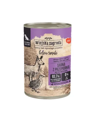 WIEJSKA ZAGRODA Arome din pădure, hrană umedă pentru câini cu carne de căprioară și prepeliță 24x400 g