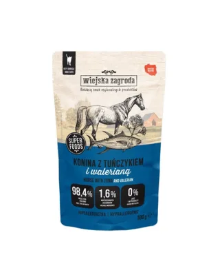 WIEJSKA ZAGRODA Superfoods Hrană umedă pentru pisici, carne de cal cu ton și valeriană 12x100 g