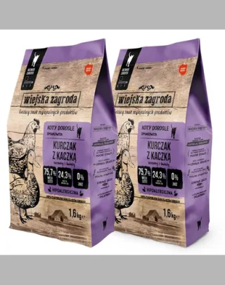 WIEJSKA ZAGRODA Hrana uscata pisici, cu pui si rata 2x1,6 kg