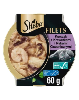 SHEBA Filets pui, pește oceanic și creveți în sos 60 g hrană pisici