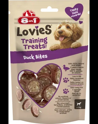 8IN1 Lovies Training Treats Duck Bites 90 g recompense pentru dresaj cu rață și orez pentru câini