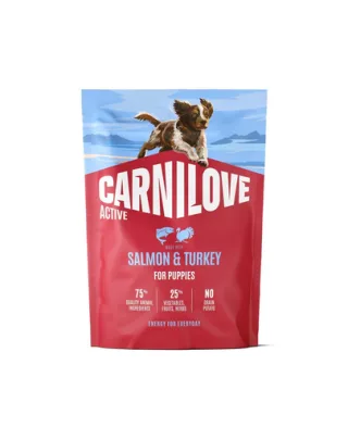 Hrană pui câine CARNILOVE Active Dog Salmon &amp; Turkey Puppies 1,5 kg somon și curcan