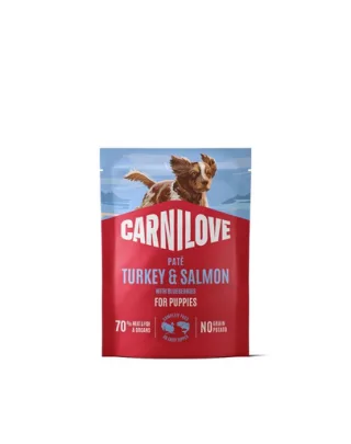 Hrană umedă CARNILOVE Pouch Paté Turkey &amp; Salmon Puppies cu curcan și somon 300 g