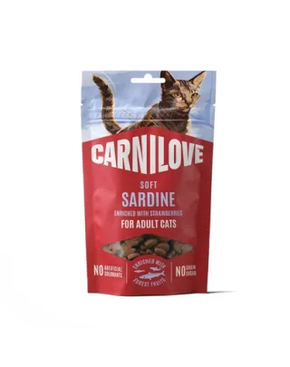 Gustări moi pentru pisici CARNILOVE Soft Snack cu sardină și căpșuni 50 g