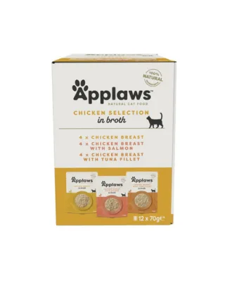 APPLAWS Hrană umedă complementară pentru pisici, multipack 12 x 70 g, mix de arome cu pui în bulion, în plicuri