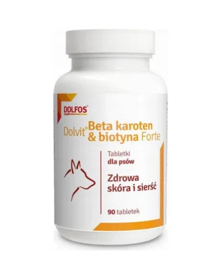 Supliment câini cu blană fragilă sau cădere excesivă DOLFOS Dolvit Beta Karoten &amp; Biotyna Forte, 90 tablete cu biotină și beta-caroten