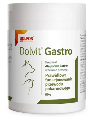 Supliment digestiv pudră pentru câini și pisici cu sensibilitate intestinală DOLFOS Dolvit Gastro 80 g cu acid butiric și inulină