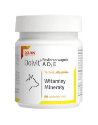 Tablete pentru dezvoltarea oaselor la câini DOLFOS Dolvit 90 tablete cu calciu, fosfor și vitamine AD3E