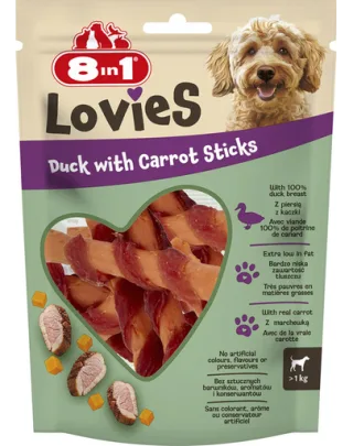 8IN1 Lovies Duck &amp; Carrot Sticks 80 g gustare pentru câini, batoane cu rață și morcov