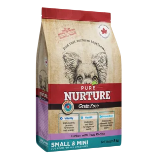 Hrana caini de talie mica si mini Pure Nurture Grainfree, cu mazare si curcan, 8 kg