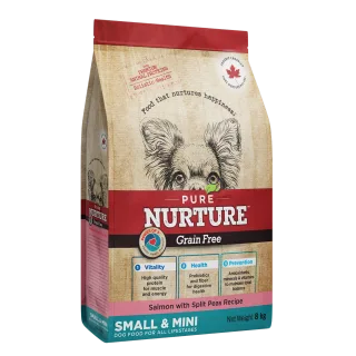 Hrana caini de talie mica si mini Pure Nurture Grainfree, cu somon si mazare, 8 kg