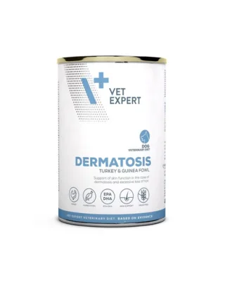 Hrană pentru câini cu dermatoze și intoleranță VET EXPERT Veterinary Diet Dermatosis, 400 g curcan și bibilică