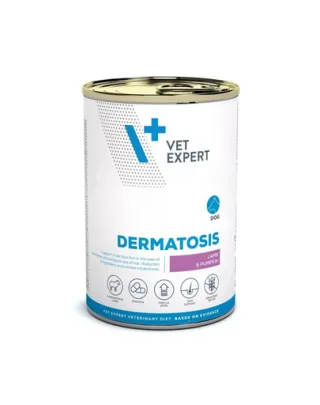 Hrană umedă dietetică pentru câini cu dermatoze și căderea excesivă a blănii VET EXPERT Veterinary Diet Dermatosis, 400 g miel și dovleac