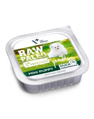 RAW PALEO Mini Puppy Duck Pate 150 g hrană umedă monoproteică pui câine talie mică, pate cu rață