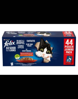 Hrană plicuri pentru pisici adulte mix în jeleu 44x85 g FELIX Fantastic Gusturi de țară, cu vită, pui, rață și miel