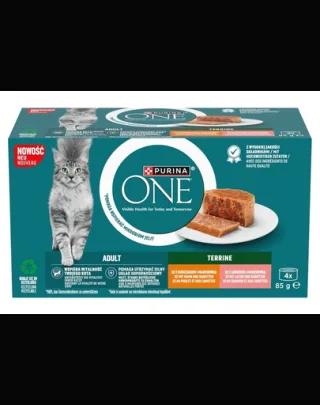 Hrană pentru pisici adulte plicuri PURINA ONE Adult Terrine 4x85 g mix cu pui, somon și morcovi