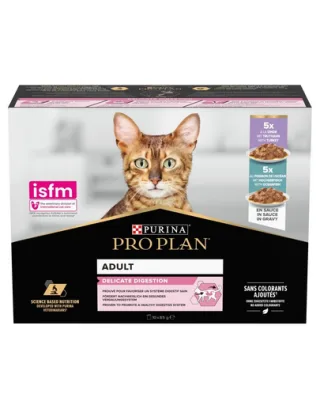 Plicuri pentru pisici PURINA PRO PLAN Delicate Digestion 10x85g cu sistem digestiv sensibil, mix curcan și pește oceanic în sos