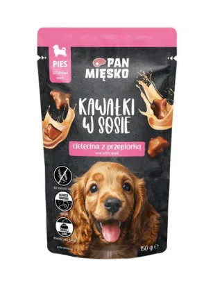 PAN MIĘSKO Bucățele în sos cu vițel și prepeliță, hrană umedă pentru căței 150 g