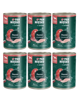 Hrană umedă câini adulți PAN MIĘSKO pate iepure hipoalergenică cu ierburi 6x400 g