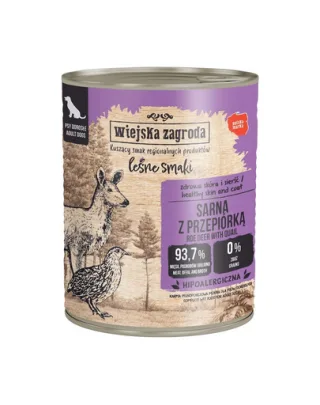WIEJSKA ZAGRODA hrană umedă pentru câini adulți cu căprioară și prepeliță (Gusturi de Pădure) 12x800 g