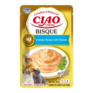 INABA Ciao Entree Bisque, Pui și Brânză, plic hrană umedă fără cereale pisici, (piure), 40g