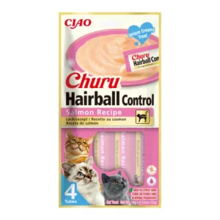 INABA Churu Hairball Control, Somon, punguță recompense fără cereale pisici, limitarea ghemurilor de blană, (piure), 56g
