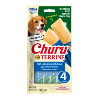 INABA Churu Terrine Medium, M, Somon și Ton, punguță recompense câini, 60g