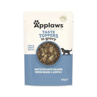 Hrana umeda caini, Applaws Dog Taste Toppers, Peste Alb si Somon, in sos, 85 g