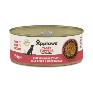 Hrana umeda caini, Applaws Dog Taste Toppers, Piept de Pui si Ficat, in supa, 156 g