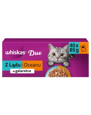 Hrană umedă pisici adulte WHISKAS Duo Adult 40x85 g mix duo cod și pui, somon și curcan în jeleu
