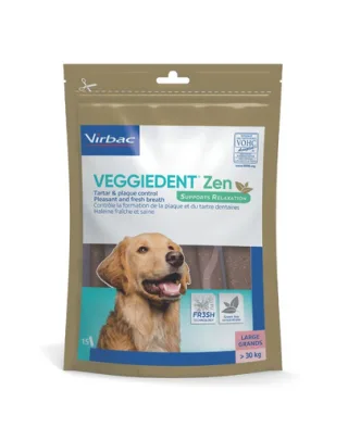 Recompense dentare câini mari peste 30 kg VIRBAC VeggieDent Zen L 15 bucăți cu L-teanină pentru calm