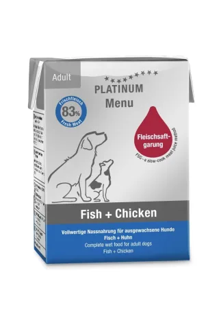Hrana umeda caini, PLATINUM Dog Adult cu Pui si Peste, 185 g