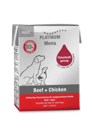 Hrana umeda caini, PLATINUM Dog Adult cu Pui si Vita, 185 g