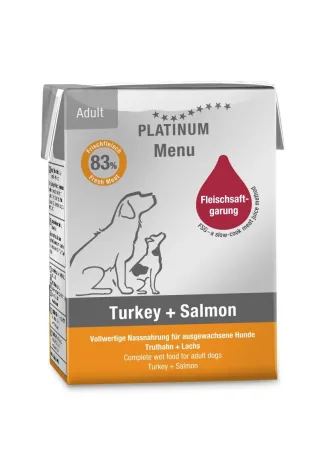 Hrana umeda caini, PLATINUM Dog Adult cu Somon si Curcan, 185 g