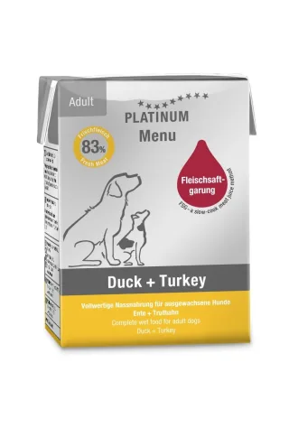 Hrana umeda caini, PLATINUM Dog Adult cu Rata si Curcan, 185 g