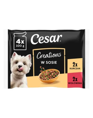 CESAR Creations 4x100 g hrană câini adulți, pui cu mazăre și vită cu morcov în sos