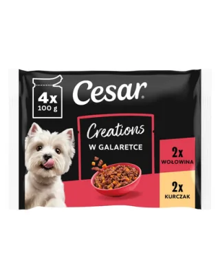 CESAR Creations în gelatină 4x100 g hrană umedă câini adulți, pui cu mazăre și vită cu morcov