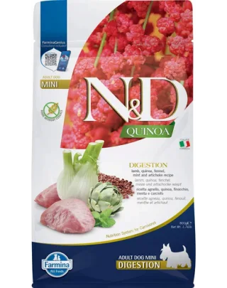 FARMINA N&amp;D Quinoa Digestion Mini hrană dietetică fără cereale pentru câini adulți de talie mică cu miel, 800 g