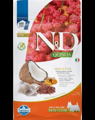 FARMINA N&amp;D Quinoa Skin &amp; Coat Mini hrană câini adulți talie mică cu hering și cocos 800 g