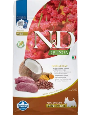 FARMINA N&amp;D Quinoa Skin &amp; Coat Mini hrană câini adulți talie mică cu cerb și cocos, 800 g