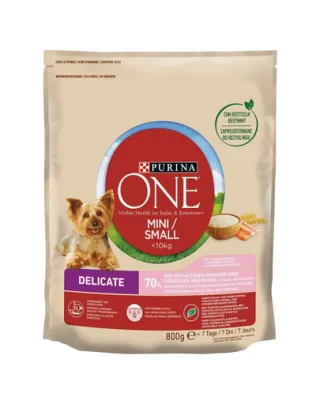 PURINA ONE Mini / Small Delicate Hrana uscata pentru caini adulti de talie mica cu probleme ale tractului digestiv, cu somon si orez 800 g