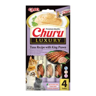 INABA Churu Luxury, Ton și Creveți, plic recompense fără cereale pisici, (piure), 56g