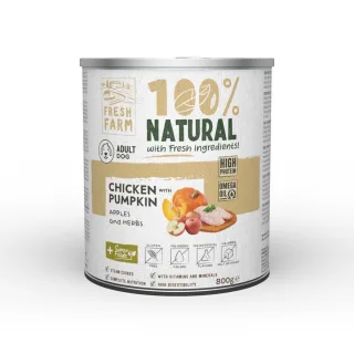 FRESH FARM Coarse, XS-XL, Pui și dovleac, conservă hrană umedă fără cereale câini, (pate), 800g