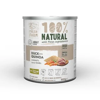 FRESH FARM Coarse, XS-XL, Rață și Quinoa, conservă hrană umedă fără cereale câini, (pate), 800g